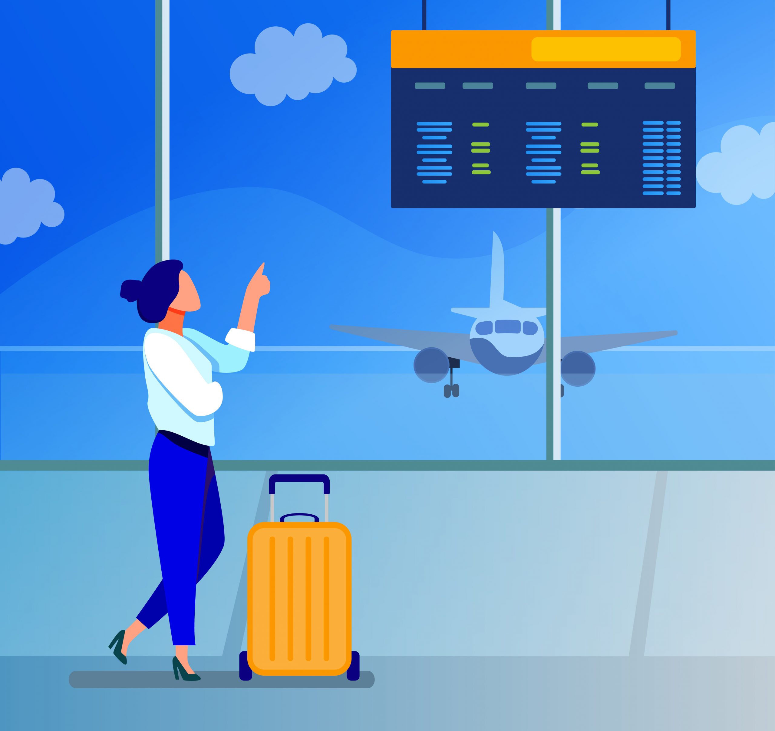 woman consulting departure digital board in airport