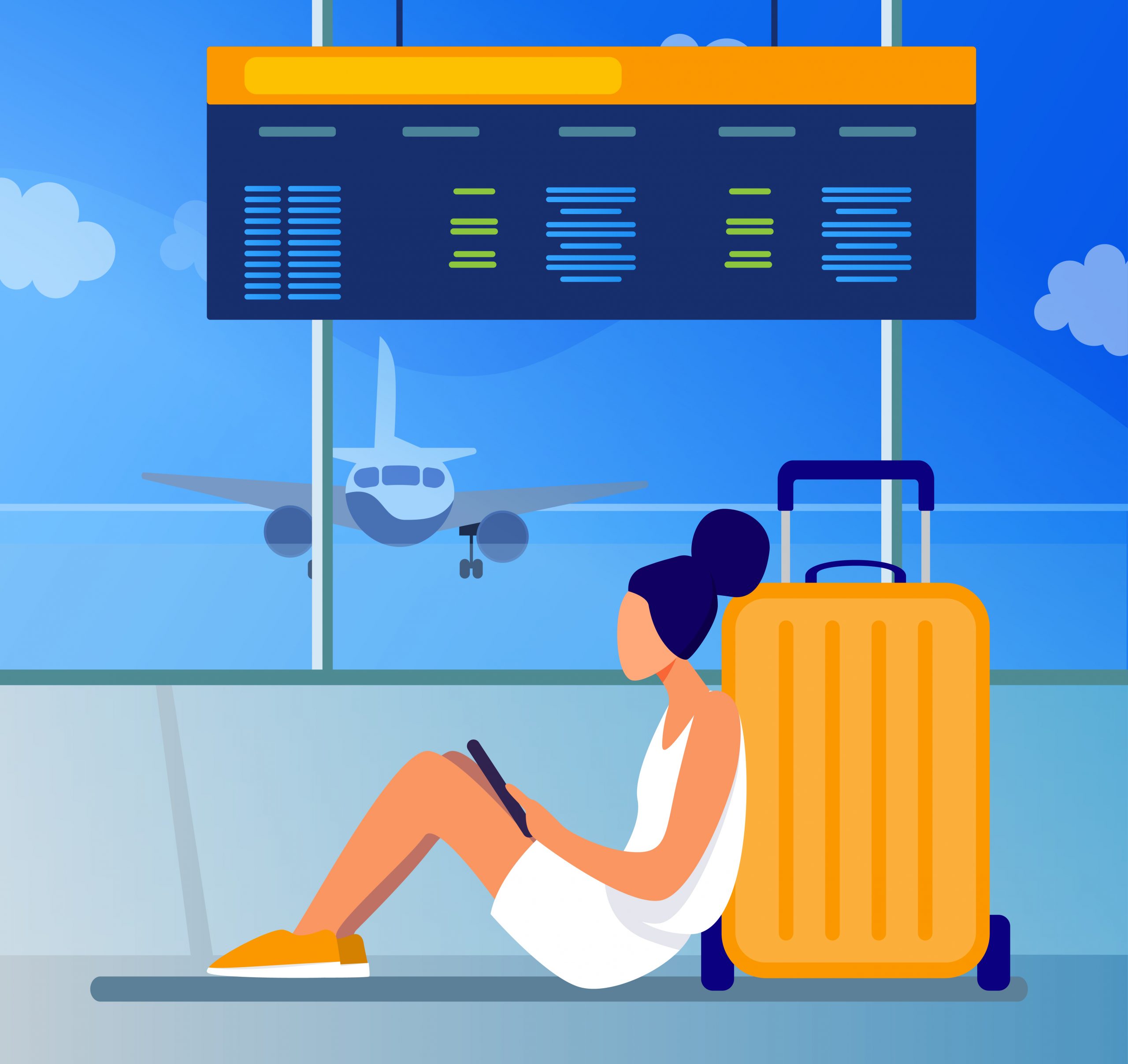 young woman sitting in airport and using tablet